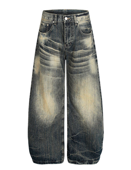 Street Vintage Washed Bamboo Texture Design Loose Wide-Leg Denim Pants