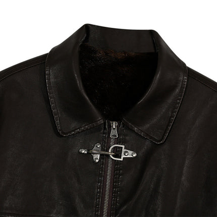 Retro Cotton Coat with PU Leather Patchwork – Loose Fit