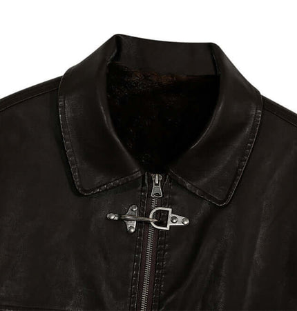 Patchwork Cotton Jacket – Loose Fit featuring a PU leather patchwork and classic turn-down collar.