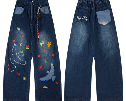 Pantalones de mezclilla retro divertidos con bordado de parches unisex diseño moderno pierna ancha suelta jeans lavados ajustados