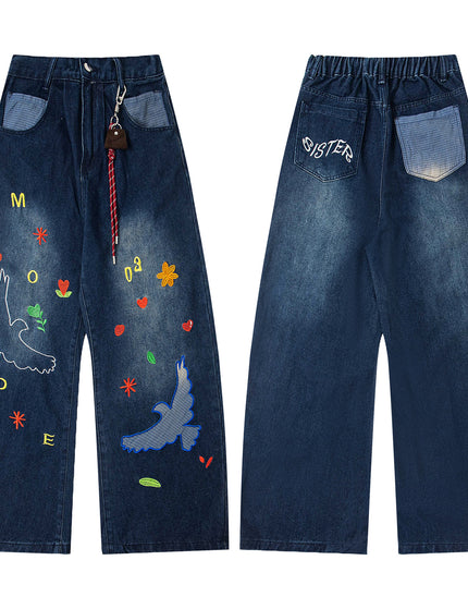 Retro Fun Patch Embroidery Denim Pants Unisex Trendy Design Wide Leg Loose Washed Tapered Jeans