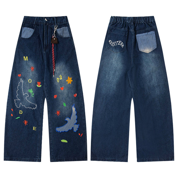 Retro Fun Patch Embroidery Denim Pants Unisex Trendy Design Wide Leg Loose Washed Tapered Jeans
