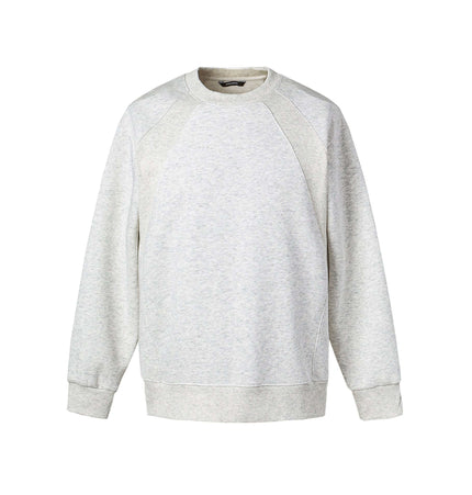 Round Neck Patchwork Pullover Hoodie in soft gray fabric with classic design and comfortable fit.