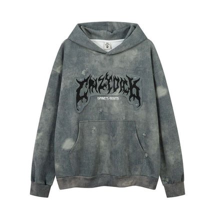 Letter Applique Washed Hoodie – Loose Fit with bold graphic design on a grey background, perfect for casual streetwear.