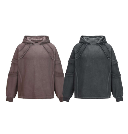 Old Patchwork Hoodie – Loose Fit available in Gray and Retro Red colors with a relaxed fit and long sleeves.