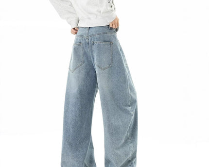 Retro Washed Distressed Letter Print Jeans Unisex Autumn Street Style Loose Wide Leg Drapey Floor-Length Pants Fashion Brand