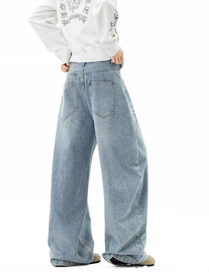 Retro Washed Distressed Letter Print Jeans Unisex Autumn Street Style Loose Wide Leg Drapey Floor-Length Pants Fashion Brand