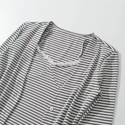 Top de Cárdigan de Manga Larga con Cuello en V a Rayas Dulces para Mujeres con Cuello Volante, Conjunto de Camisón Ajustado de Parches