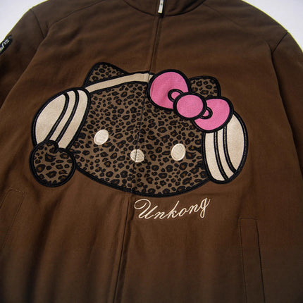 Retro Leopard Print Cartoon Patch Embroidered Patchwork Turn-down Collar Jacket Unisex Autumn Fashion Loose Casual Jacket