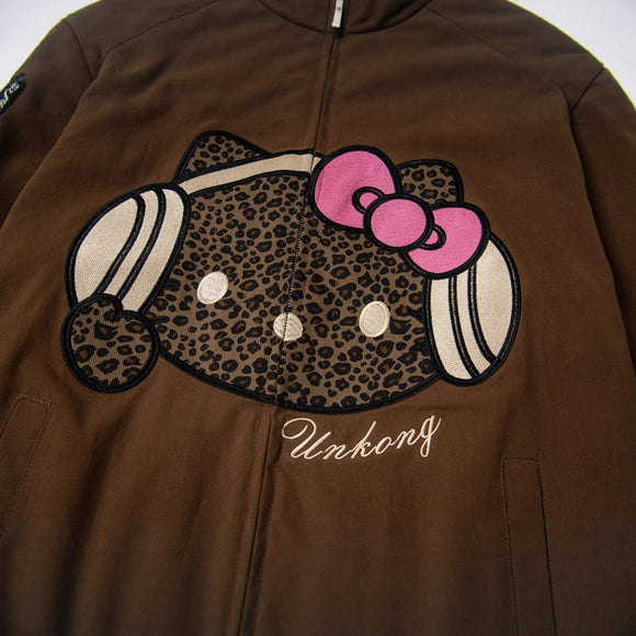 Retro Leopard Print Cartoon Patch Embroidered Patchwork Turn-down Collar Jacket Unisex Autumn Fashion Loose Casual Jacket