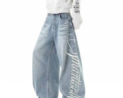 Retro Washed Distressed Letter Print Jeans Unisex Autumn Street Style Loose Wide Leg Drapey Floor-Length Pants Fashion Brand