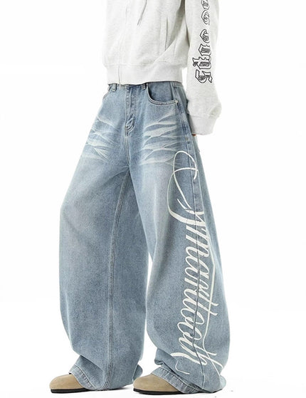 Retro Washed Distressed Letter Print Jeans Unisex Autumn Street Style Loose Wide Leg Drapey Floor-Length Pants Fashion Brand