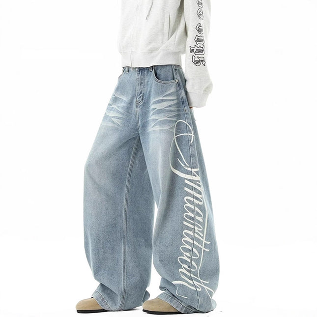 Washed Letter Print Jeans - Loose Fit