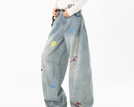 Jeans de Parchwork Divertidos de Streetwear para Hombre, Pantalones de Cuchillo Deconstruidos y Bordados, Ajuste Limpio, Jeans Rectos Lavados