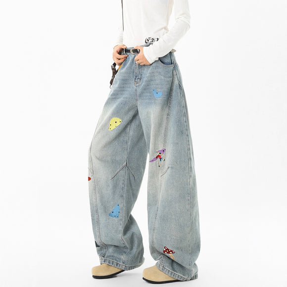 Streetwear Fun Patchwork Jeans Men Trendy Deconstructed Embroidered Knife Pants Clean Fit Washed Straight Leg Jeans