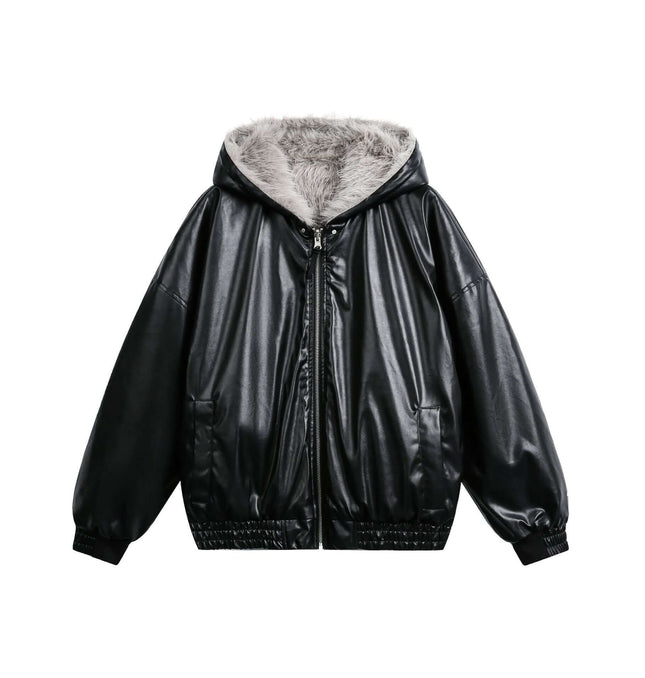 Oversized Reversible Hooded Parka in black faux leather with fur lining for winter warmth.