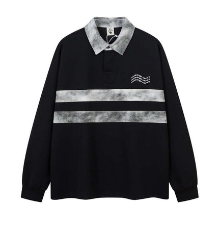 Retro Embroidered Patchwork Polo Hoodie featuring a black design with a stylish collar and patchwork detailing.