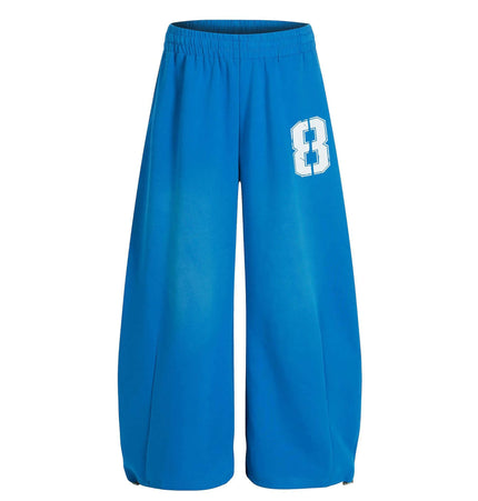 Casual Letter Print Wide-Leg Knife Pants in blue with bold number print for a trendy streetwear look.