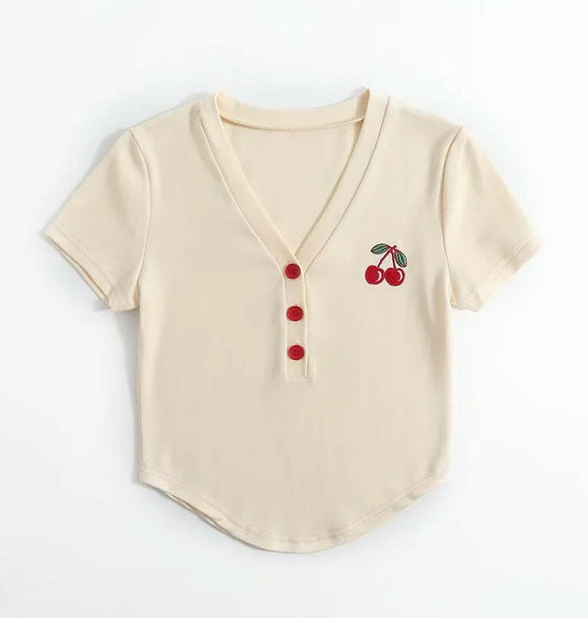 Cherry Print V-Neck T-Shirt: Summer Style Inspired by Fashion Bloggers! at €23.99