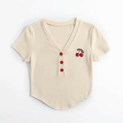 Cherry Print V-Neck T-Shirt: Summer Style Inspired by Fashion Bloggers! at €23.99