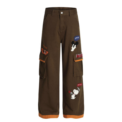 Retro cartoon embroidery patchwork workwear casual pants