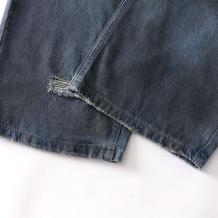 Washed Distressed Denim Pants showing the hem and distressed detailing for a casual street-style look.