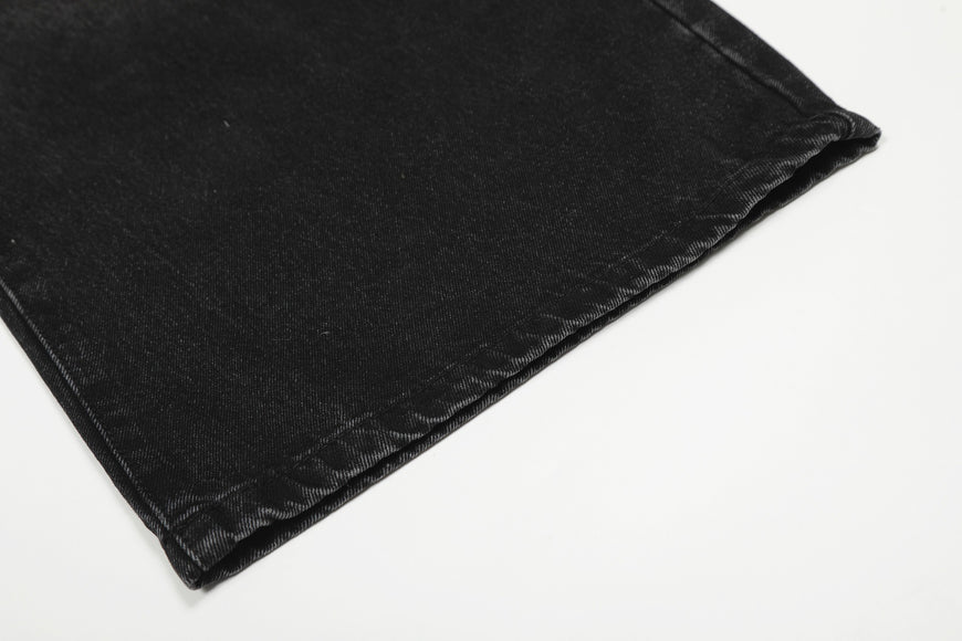 Style Washed Black Vintage Cat-Whisker Pattern Design Loose Knife Cut Jeans