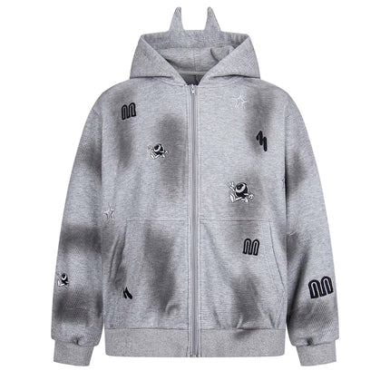 Sudadera con capucha con cremallera bordada de letras desgastadas – Corte holgado