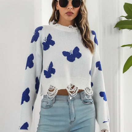 Distressed Butterfly Cropped Sweater – Slim Fit