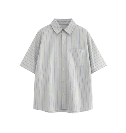 Patch Striped Short Sleeve Shirt - Loose Fit in light blue with turn-down collar and patch pocket.