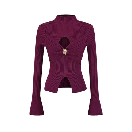 Metal Knot Hollow-Out Flare Sleeve Knit Top – Slim Fit Sexy Chic