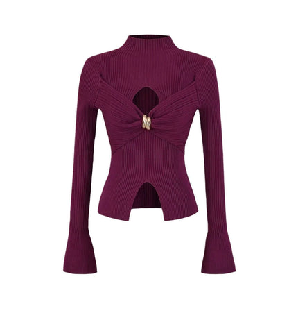 Metal Knot Hollow-Out Flare Sleeve Knit Top in burgundy with flared sleeves and hollow-out design.