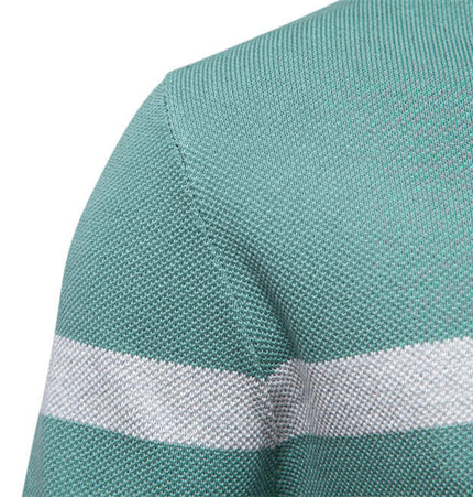 Close-up of Stand Collar Half-Zip Knit Sweater showcasing color-blocked design and knit texture.
