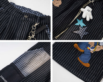 Pantalones Casual Sueltos de Rayas con Bordado de Patrón Divertido Retro y Lavado, Unisex, Pantalones de Pierna Ancha BF