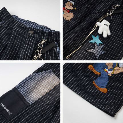 Pantaloni cu broderie retro în dungi - Croi lejer