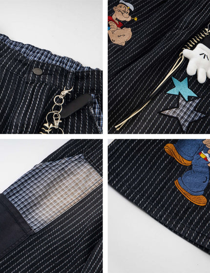 Retro Washed Fun Pattern Embroidery Splicing Striped Loose Casual Trousers Unisex BF Wide Leg Pants