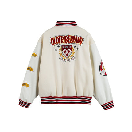 Brand Letter Emblem Leather Patchwork Baseball Jacket Men