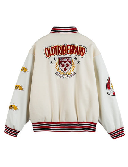 Brand Letter Emblem Leather Patchwork Baseball Jacket