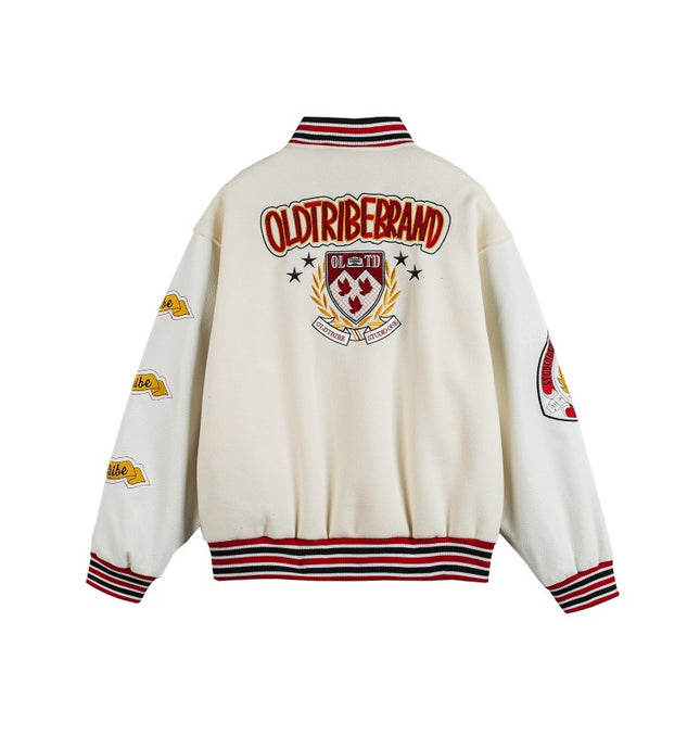 Brand Letter Leather Patchwork Baseball Jacket – Retro Loose Fit