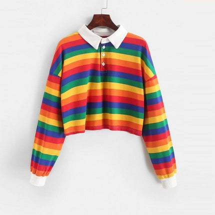 Grozavu's Rainbow Color Long Sleeve Sweatshirt: Korean Style with Button Stripes at €30.99