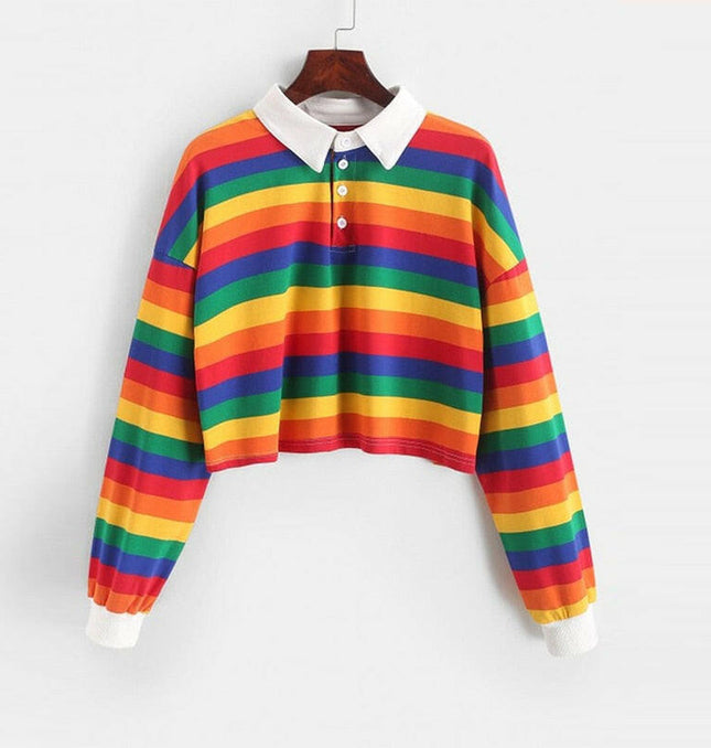 Grozavu's Rainbow Color Long Sleeve Sweatshirt: Korean Style with Button Stripes at €30.99