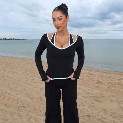 Long Sleeve Halter Neck Contrast Top