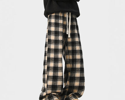 Casual Checkered Drawstring Pants Men Winter  Style Couple Fleece-Lined Warm Loose Vintage Sport Long Pants