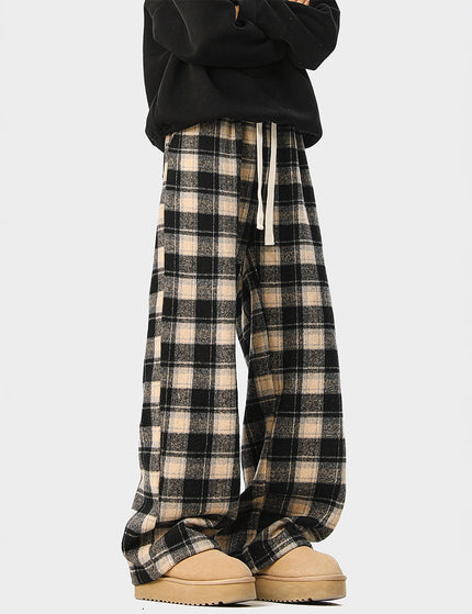 Casual Checkered Drawstring Pants Men Winter  Style Couple Fleece-Lined Warm Loose Vintage Sport Long Pants