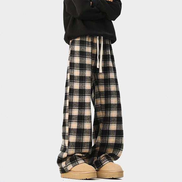 Casual Checkered Drawstring Pants Men Winter  Style Couple Fleece-Lined Warm Loose Vintage Sport Long Pants