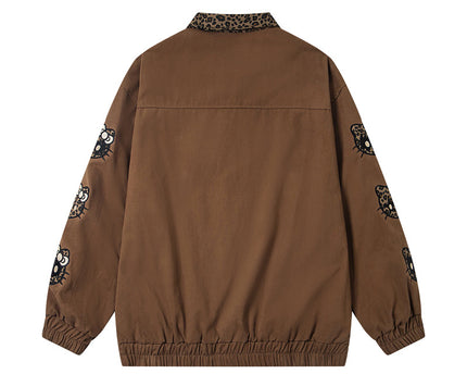 Retro Leopard Print Cartoon Patch Embroidered Patchwork Jacket