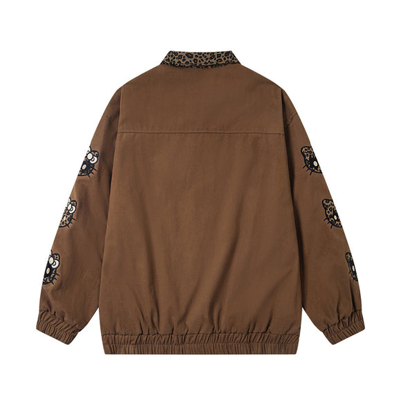Retro Leopard Print Cartoon Patch Embroidered Patchwork Turn-down Collar Jacket Unisex Autumn Fashion Loose Casual Jacket