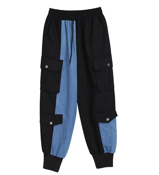 Grozavu High-Waist Contrast Denim Pants with Big Pockets