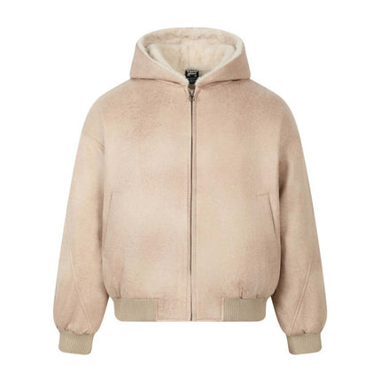 Fur Collar Hooded Winter Jacket – Loose Fit in soft beige with fur lining and relaxed fit, perfect for cold-weather style.