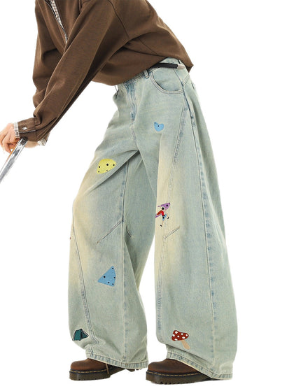 High Street Fun Patchwork Jeans Men Autumn Trendy Deconstructed Embroidered Knife Pants Cleanfit Washed Straight Leg Pants